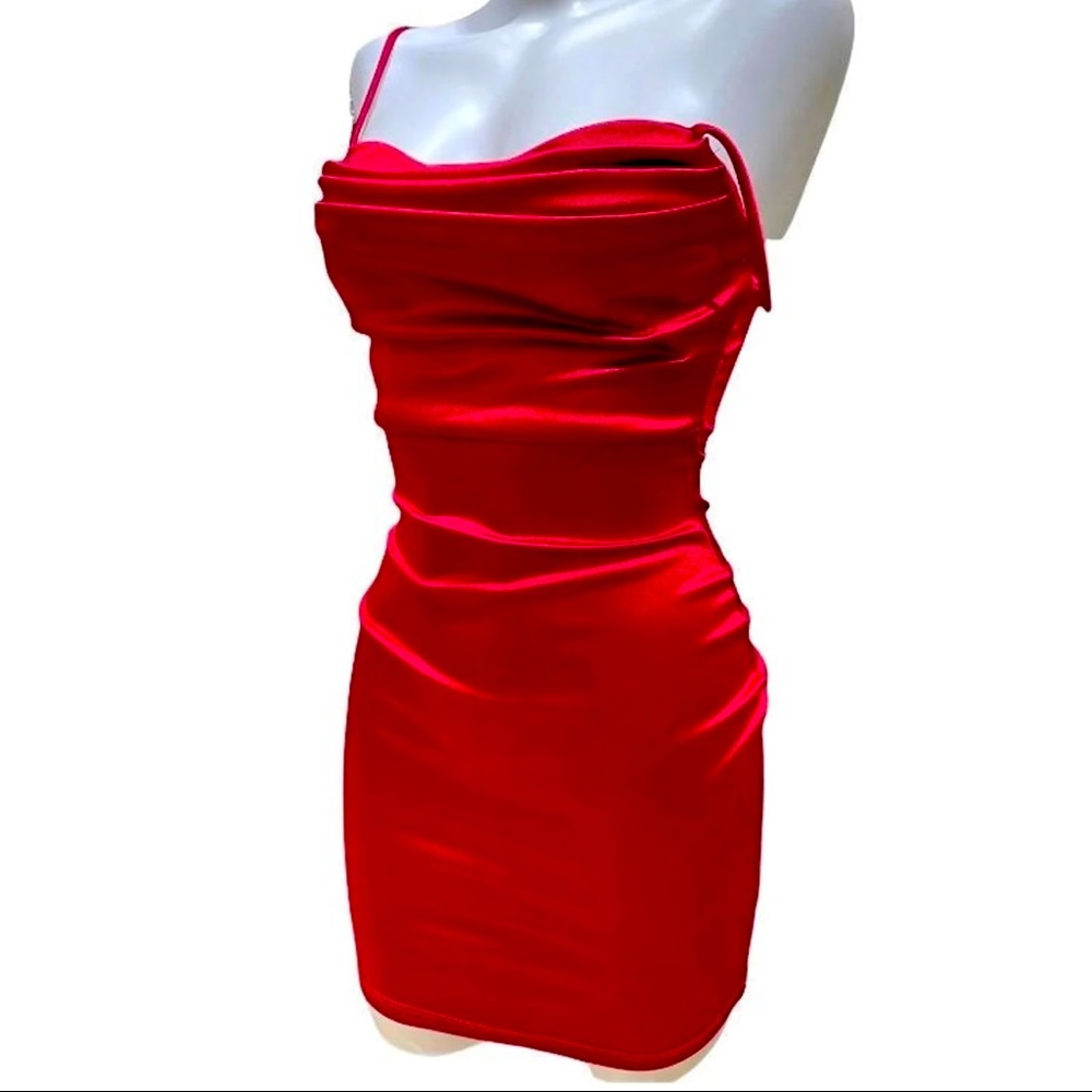 red cowl neck satin mini dress